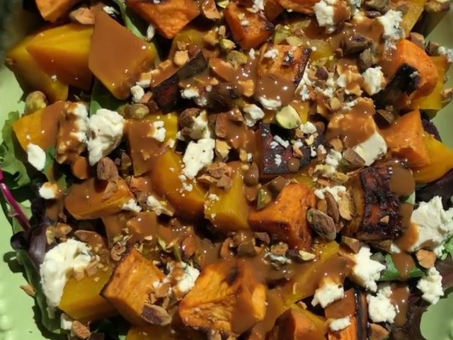 roasted root salad with tahini carob molasses dressing