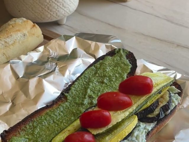 grilled vegetable tzatziki sandwich with parsley walnut pesto