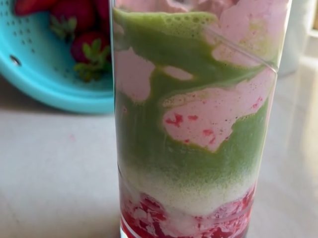 strawberry rose matcha latte