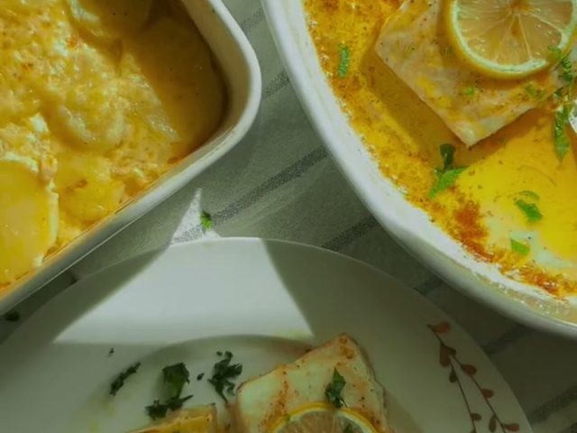 Baked Halibut with scalloped potatoes