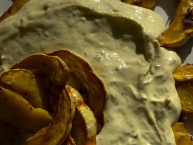 Pumpkin green onion confit spread with roasted delicata squash