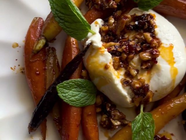 Burrata nested in harrisa honey walnut roasted carrots