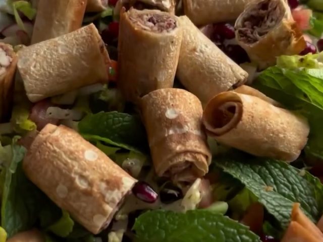 Fattoush with m’sakhan roll bites