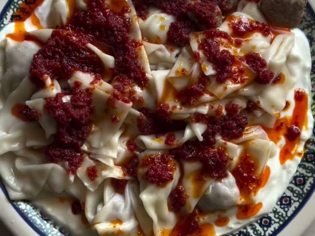 Manti (Turkish dumplings) in wonton wrapper