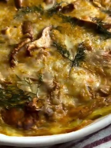 Potato pie with chicken and chanterelle mushrooms