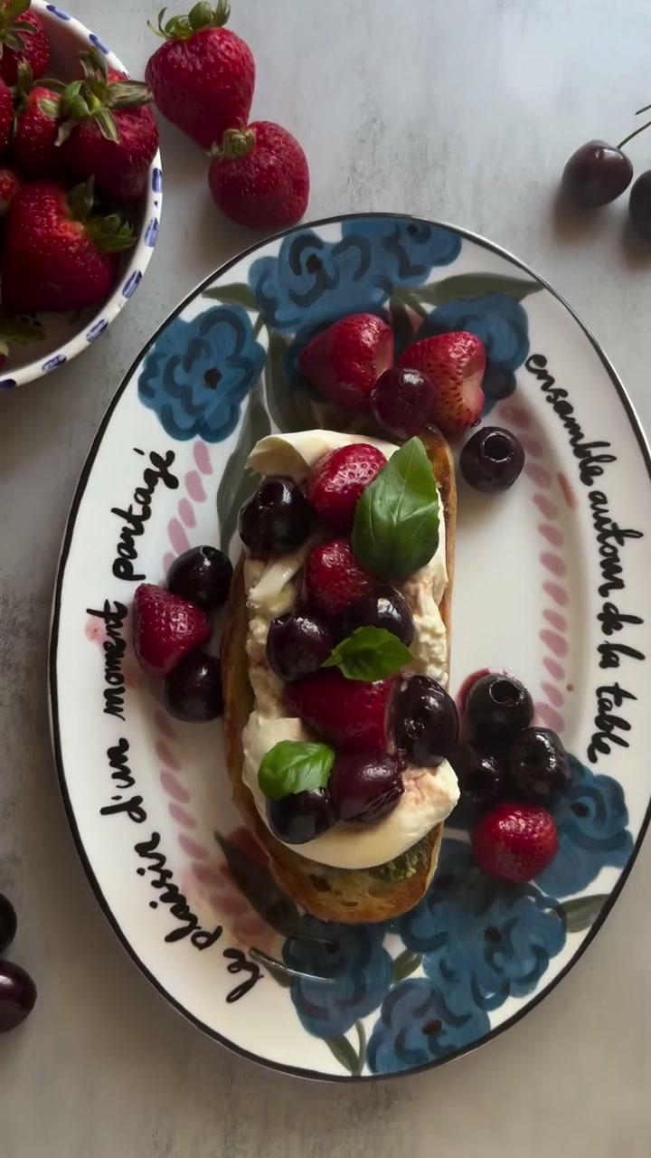 Burrata Strawberry Cherry Toast with Walnut Pesto