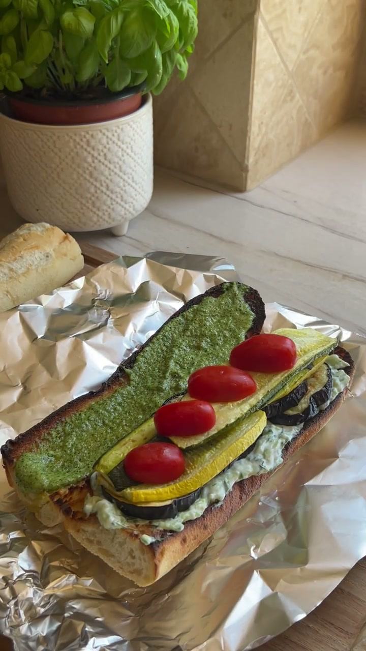 Grilled Vegetable Tzatziki Sandwich with Parsley Walnut Pesto