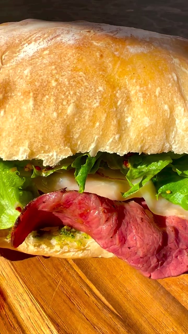 Pastrami Sandwich with Pistachio Pesto on Freshly Baked Ciabatta