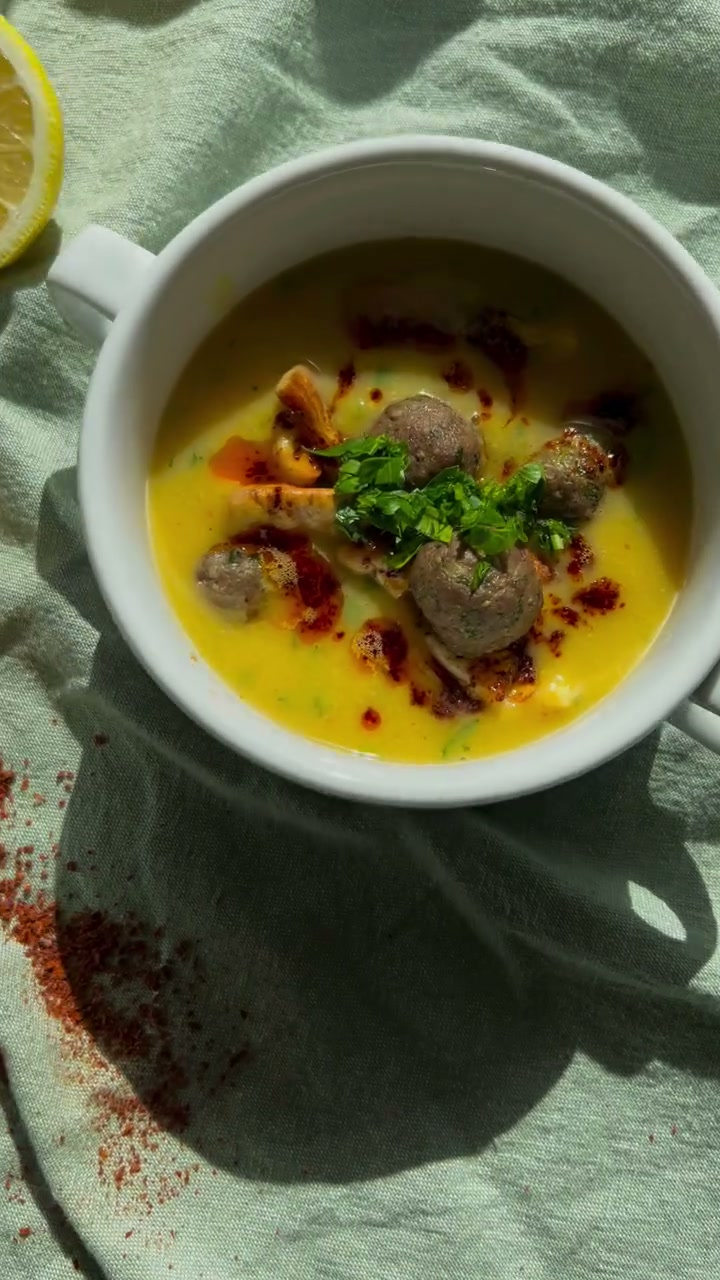 Red Lentil Soup with Kafta Meatballs