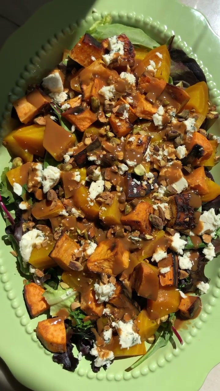 Roasted Root Salad with Tahini Carob Molasses Dressing